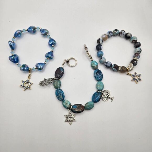 Star Of David Charm Beaded Bracelets Set Of 3 Blue Agate Glass Stones Judaica Ha - Picture 1 of 6